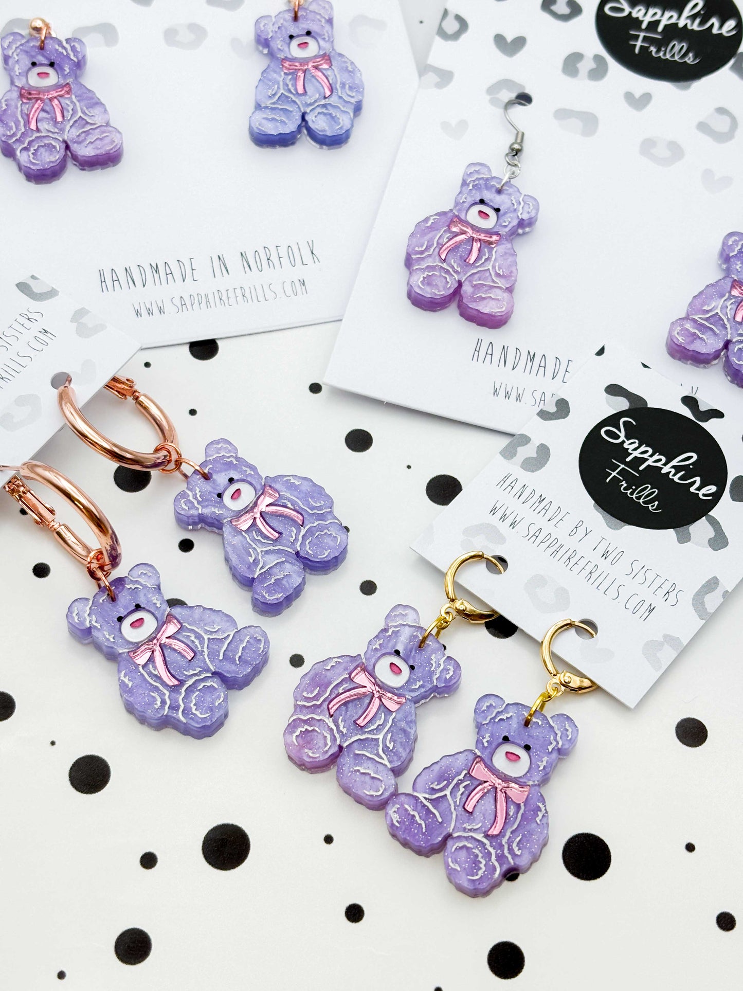 Medium Lilac Glitter Marble Teddy Bear Heart Dangle Earrings