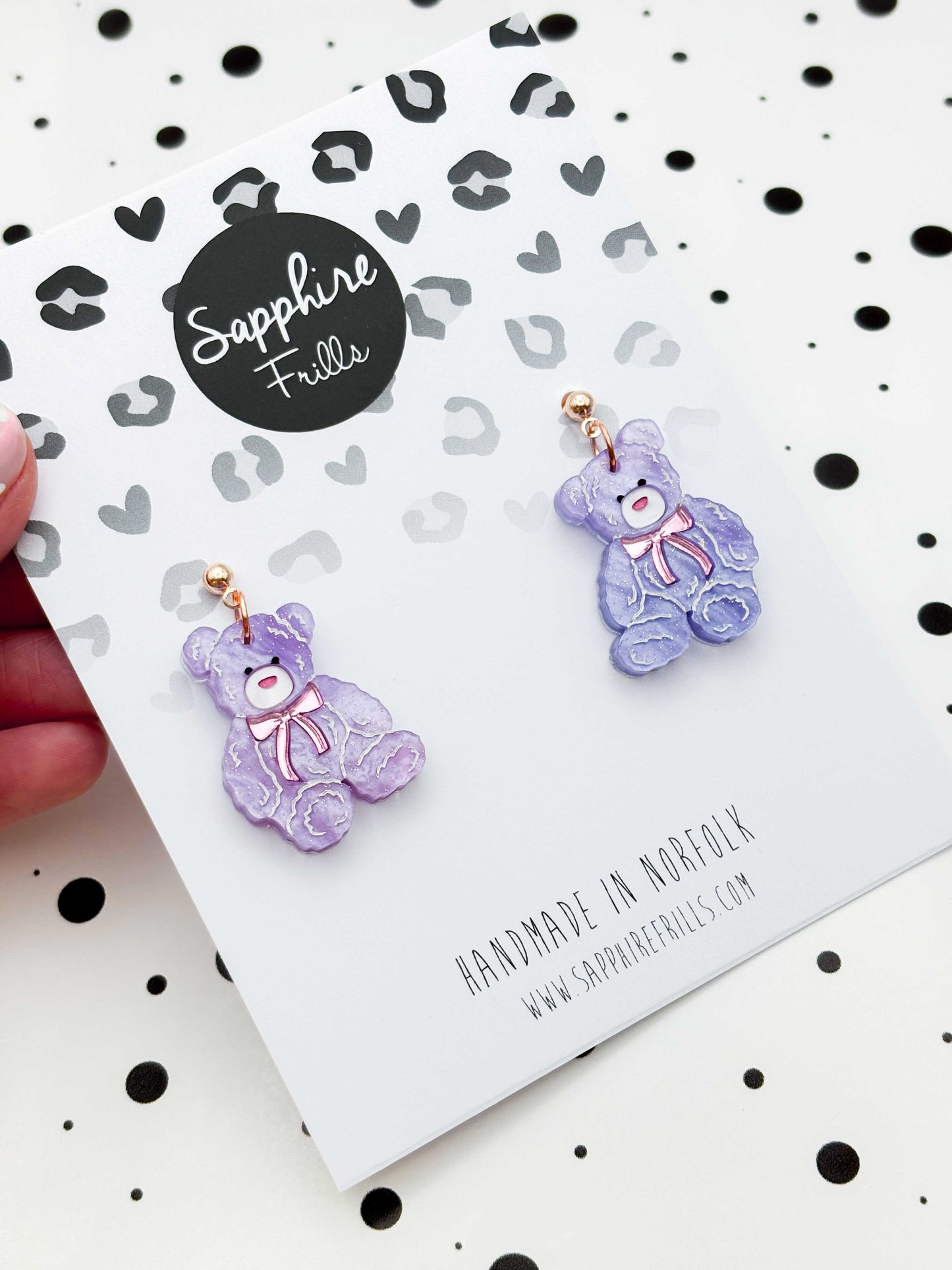 Medium Lilac Glitter Marble Teddy Bear Heart Dangle Earrings