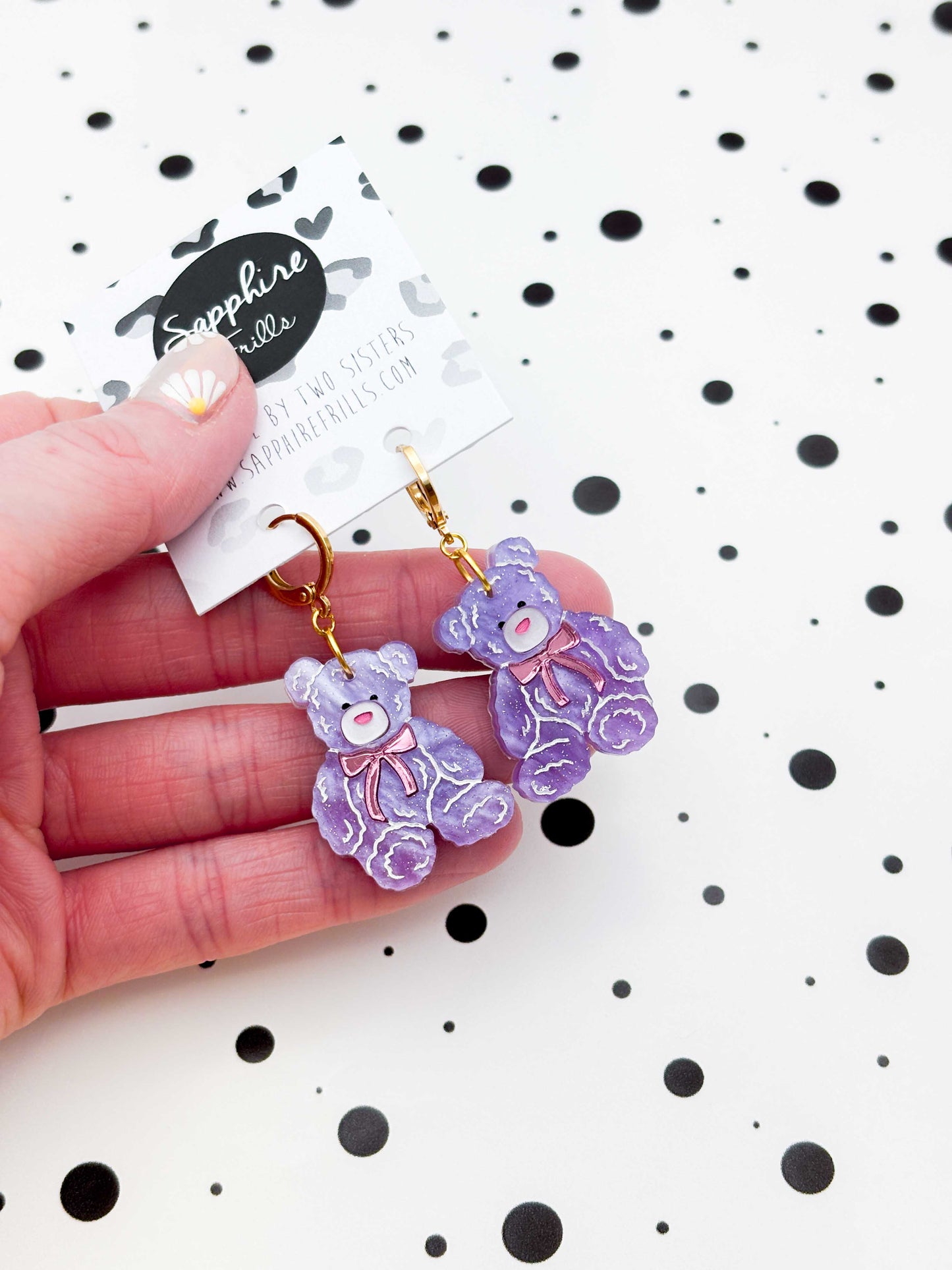 Medium Lilac Glitter Marble Teddy Bear Heart Dangle Earrings