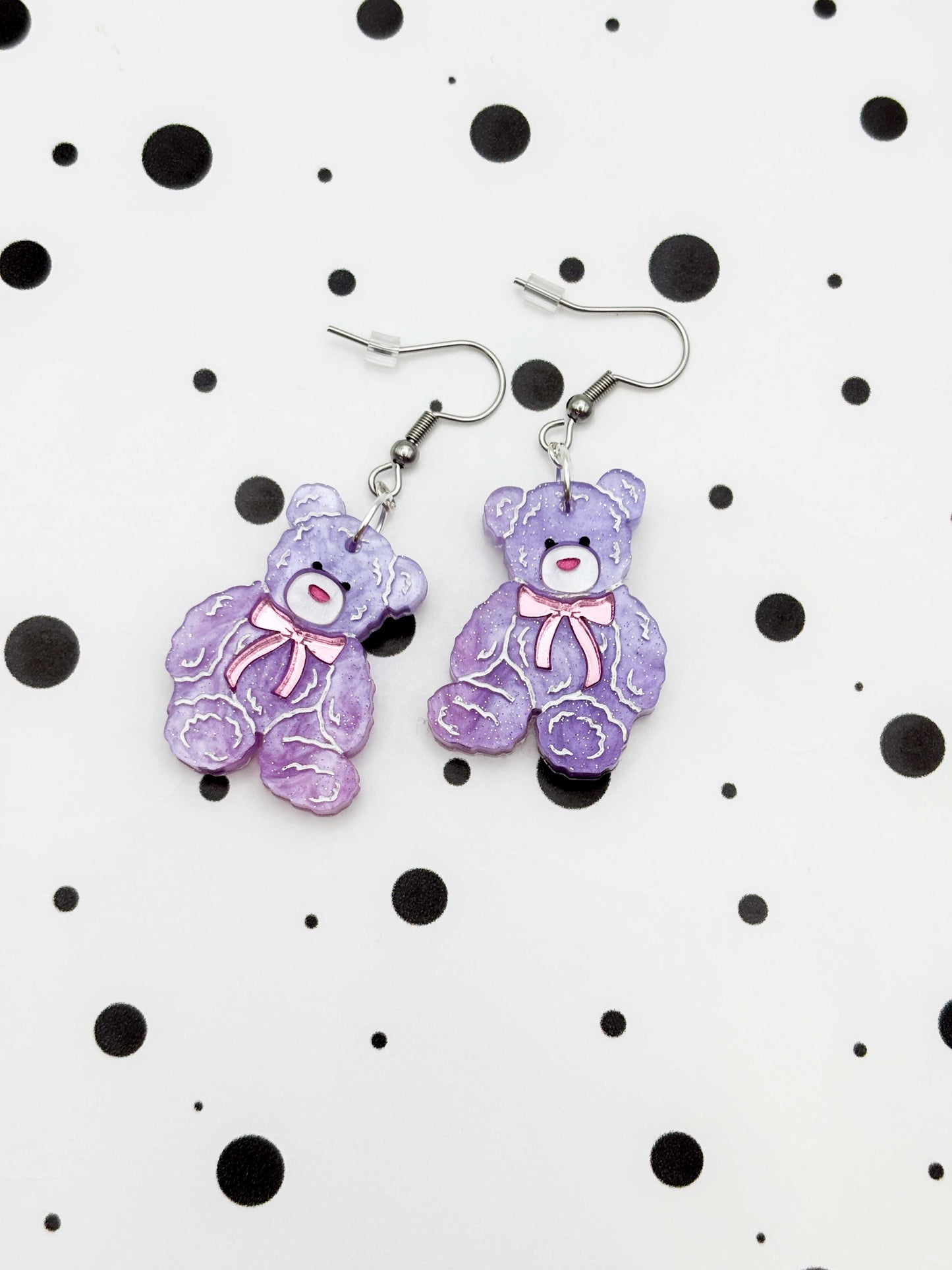 Medium Lilac Glitter Marble Teddy Bear Heart Dangle Earrings