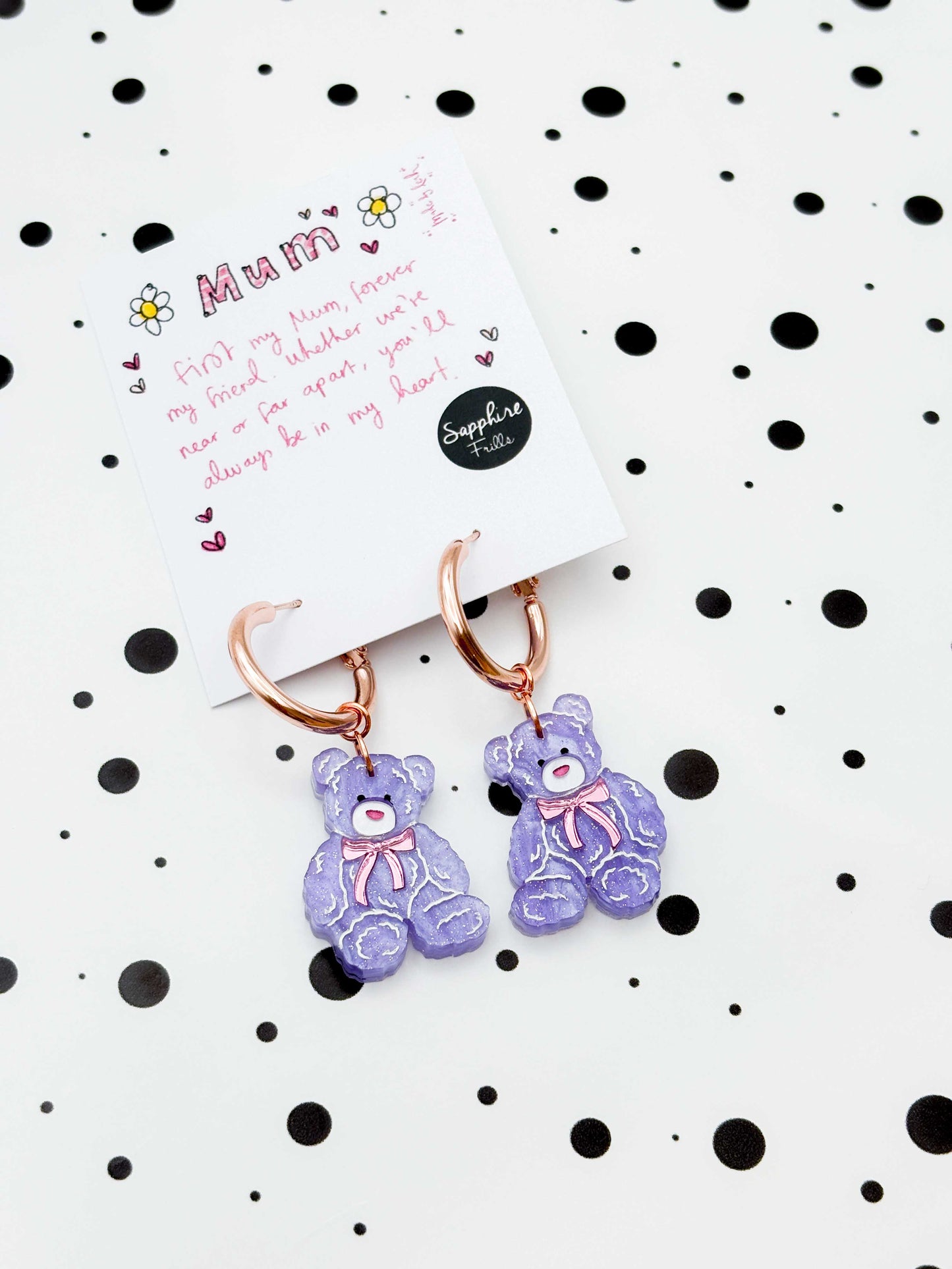 Medium Lilac Glitter Marble Teddy Bear Heart Dangle Earrings