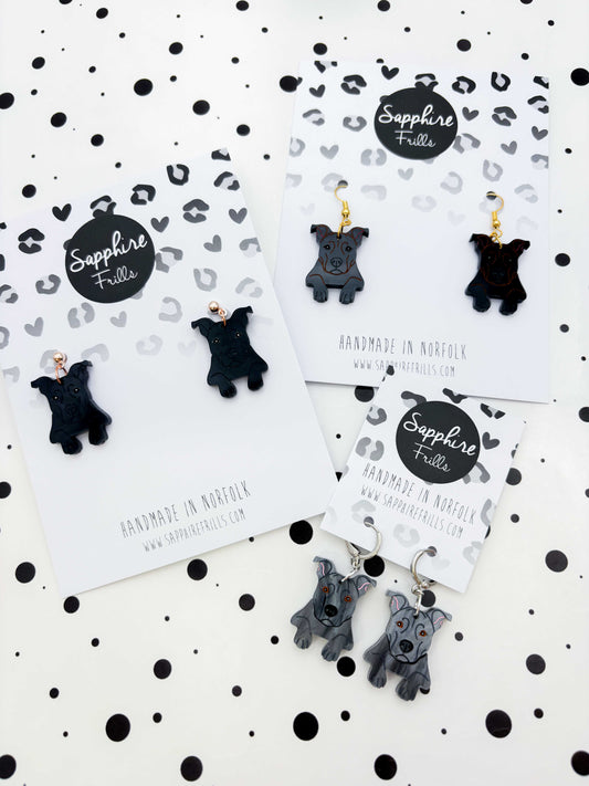 Large Staffordshire Bull Terrier Dangle Earrings or Necklace – Hypoallergenic Stainless Steel