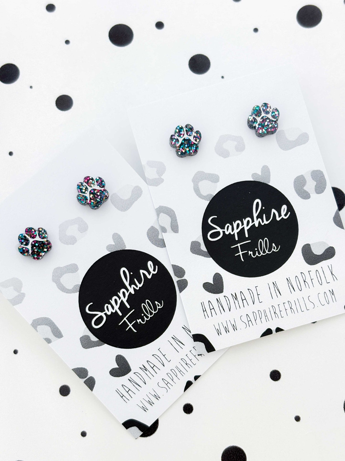 Micro Black Rainbow Glitter Paw Print Stud Earrings – Hypoallergenic Stainless Steel