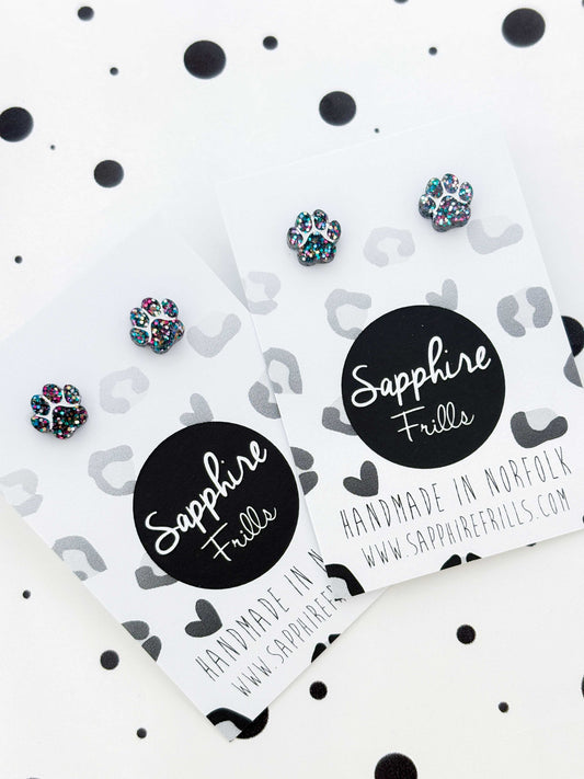Micro Black Rainbow Glitter Paw Print Stud Earrings – Hypoallergenic Stainless Steel