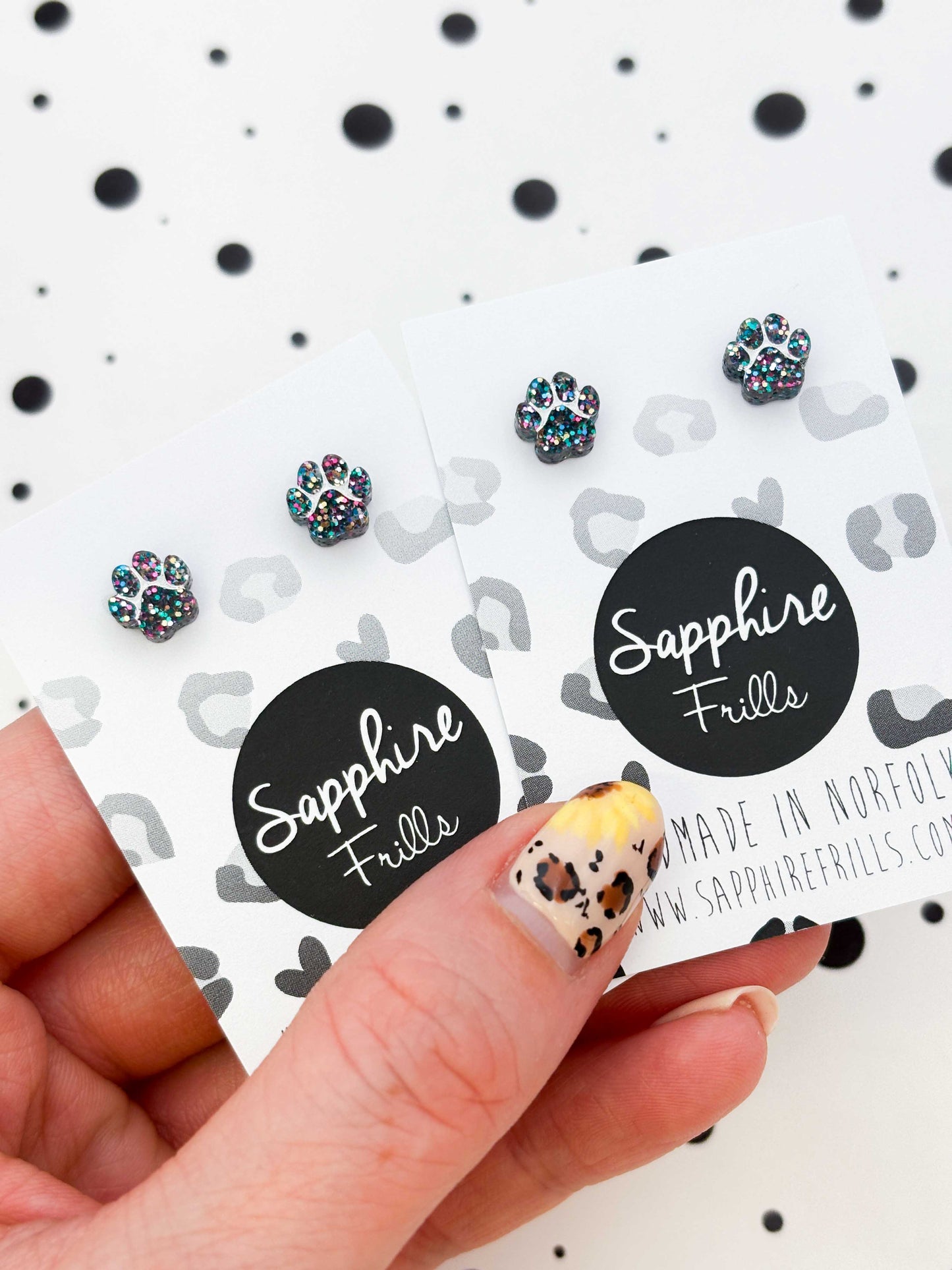 Micro Black Rainbow Glitter Paw Print Stud Earrings – Hypoallergenic Stainless Steel