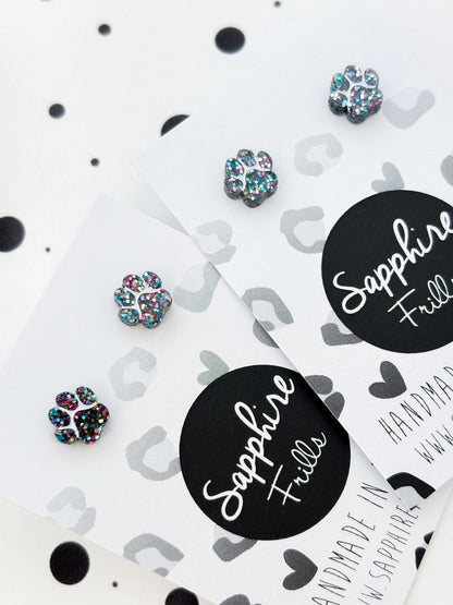 Micro Black Rainbow Glitter Paw Print Stud Earrings – Hypoallergenic Stainless Steel