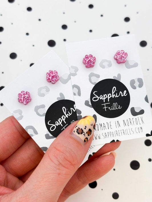Micro Pink Glitter Paw Print Stud Earrings – Hypoallergenic Stainless Steel