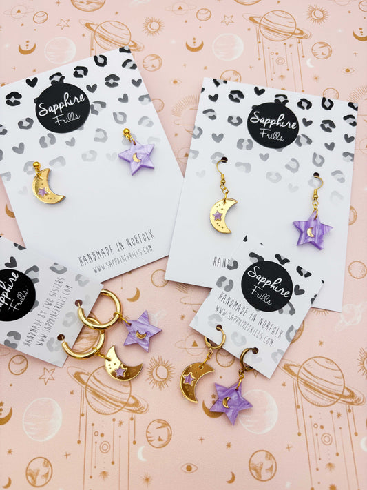Medium Lilac and Gold Mismatch Star and Moon Dangle Earrings or Necklace – Hypoallergenic Stainless Steel