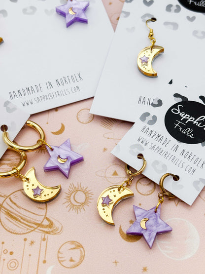Medium Lilac and Gold Mismatch Star and Moon Dangle Earrings or Necklace – Hypoallergenic Stainless Steel