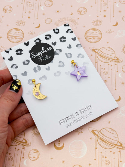 Medium Lilac and Gold Mismatch Star and Moon Dangle Earrings or Necklace – Hypoallergenic Stainless Steel