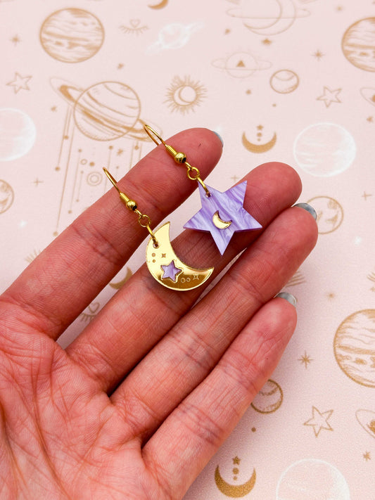 Medium Lilac and Gold Mismatch Star and Moon Dangle Earrings or Necklace – Hypoallergenic Stainless Steel