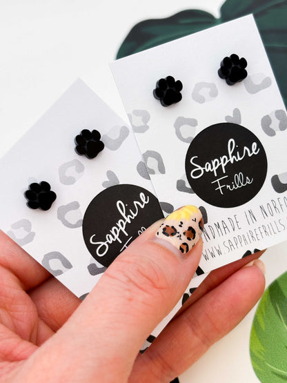 Micro Black Gloss Paw Print Stud Earrings – Hypoallergenic Stainless Steel