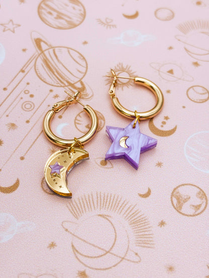 Medium Lilac and Gold Mismatch Star and Moon Dangle Earrings or Necklace – Hypoallergenic Stainless Steel