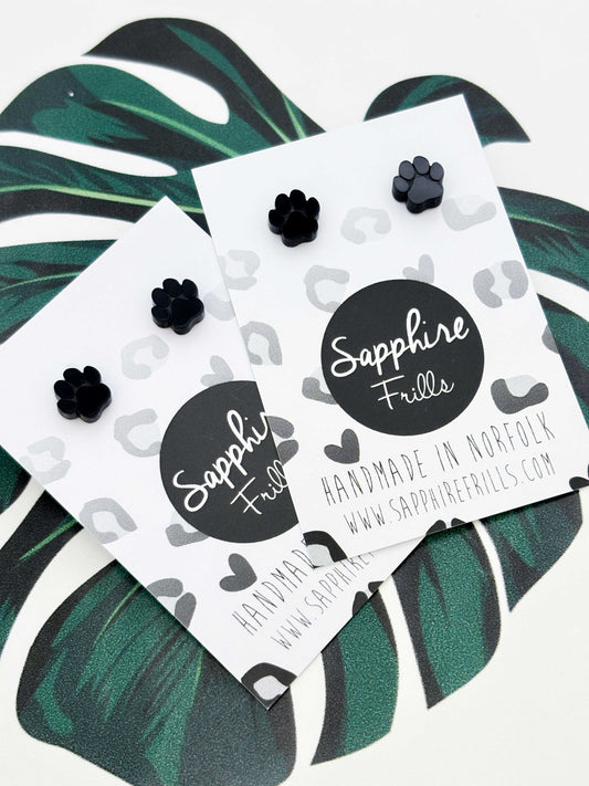 Micro Black Gloss Paw Print Stud Earrings – Hypoallergenic Stainless Steel