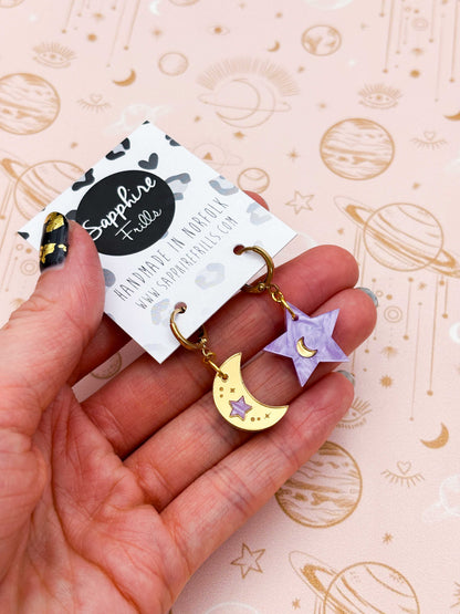 Medium Lilac and Gold Mismatch Star and Moon Dangle Earrings or Necklace – Hypoallergenic Stainless Steel