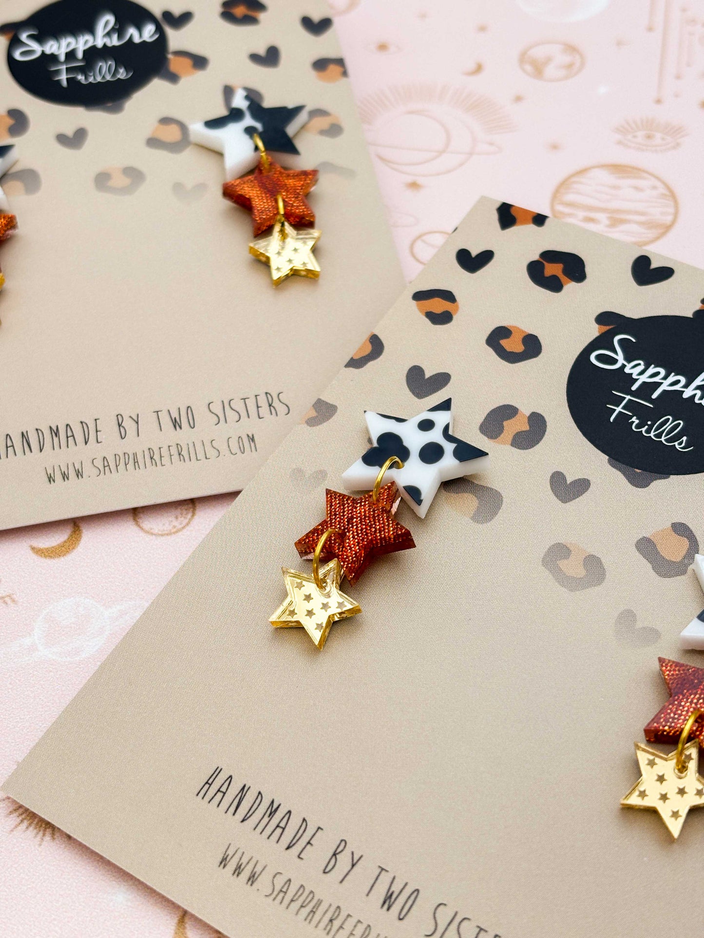 Country Western Acrylic Star Trio Statement Dangle Earrings