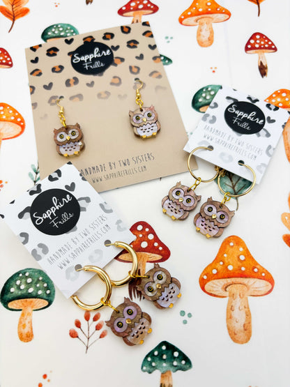 Medium Light Brown Glitter Marble Acrylic Great Horned Owl Dangle Earrings or Necklace – Hypoallergenic Stainless Steel
