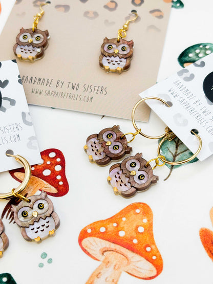Medium Light Brown Glitter Marble Acrylic Great Horned Owl Dangle Earrings or Necklace – Hypoallergenic Stainless Steel
