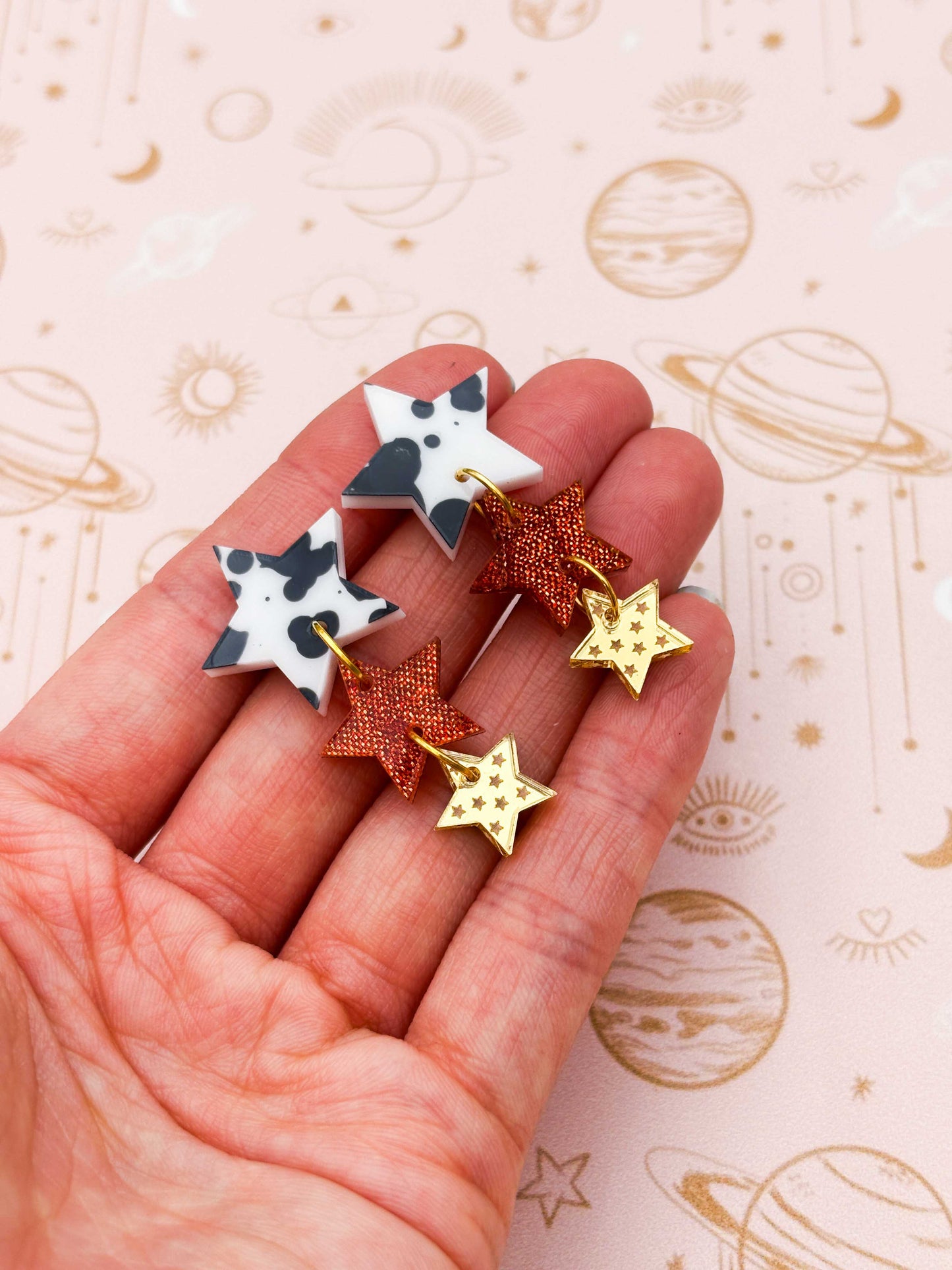 Country Western Acrylic Star Trio Statement Dangle Earrings