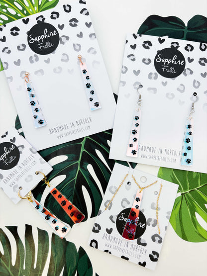 Large Iridescent Paw Print Trail Trapeze Dangle Earrings or Necklace – Hypoallergenic Stainless Steel