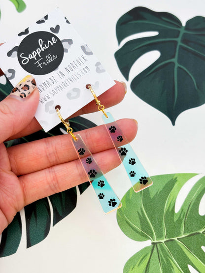 Large Iridescent Paw Print Trail Trapeze Dangle Earrings or Necklace – Hypoallergenic Stainless Steel
