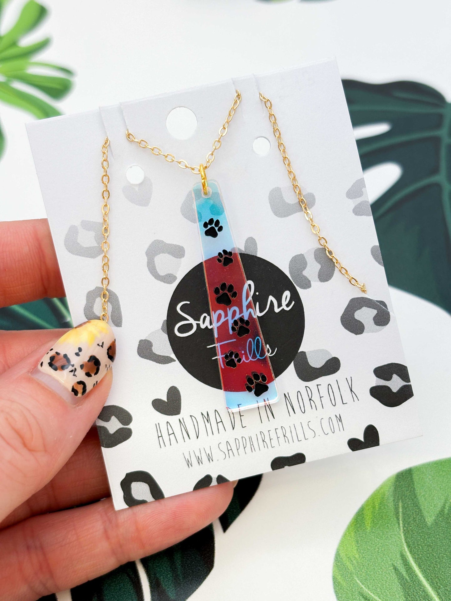 Large Iridescent Paw Print Trail Trapeze Dangle Earrings or Necklace – Hypoallergenic Stainless Steel