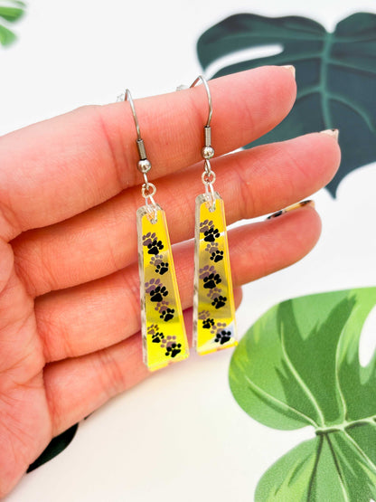 Large Iridescent Paw Print Trail Trapeze Dangle Earrings or Necklace – Hypoallergenic Stainless Steel