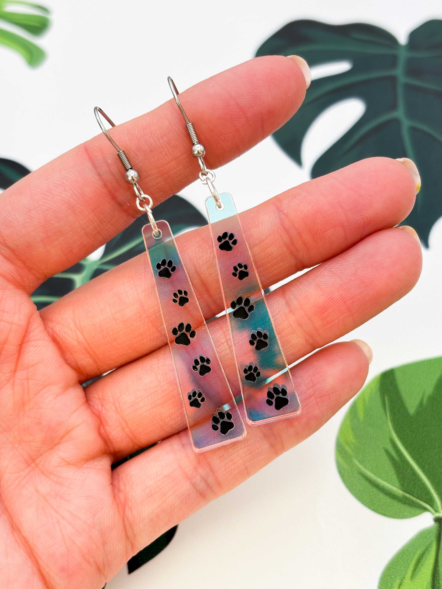 Large Iridescent Paw Print Trail Trapeze Dangle Earrings or Necklace – Hypoallergenic Stainless Steel
