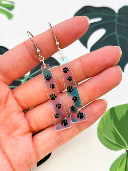 Large Iridescent Paw Print Trail Trapeze Dangle Earrings or Necklace – Hypoallergenic Stainless Steel