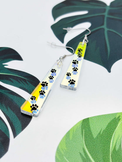 Large Iridescent Paw Print Trail Trapeze Dangle Earrings or Necklace – Hypoallergenic Stainless Steel