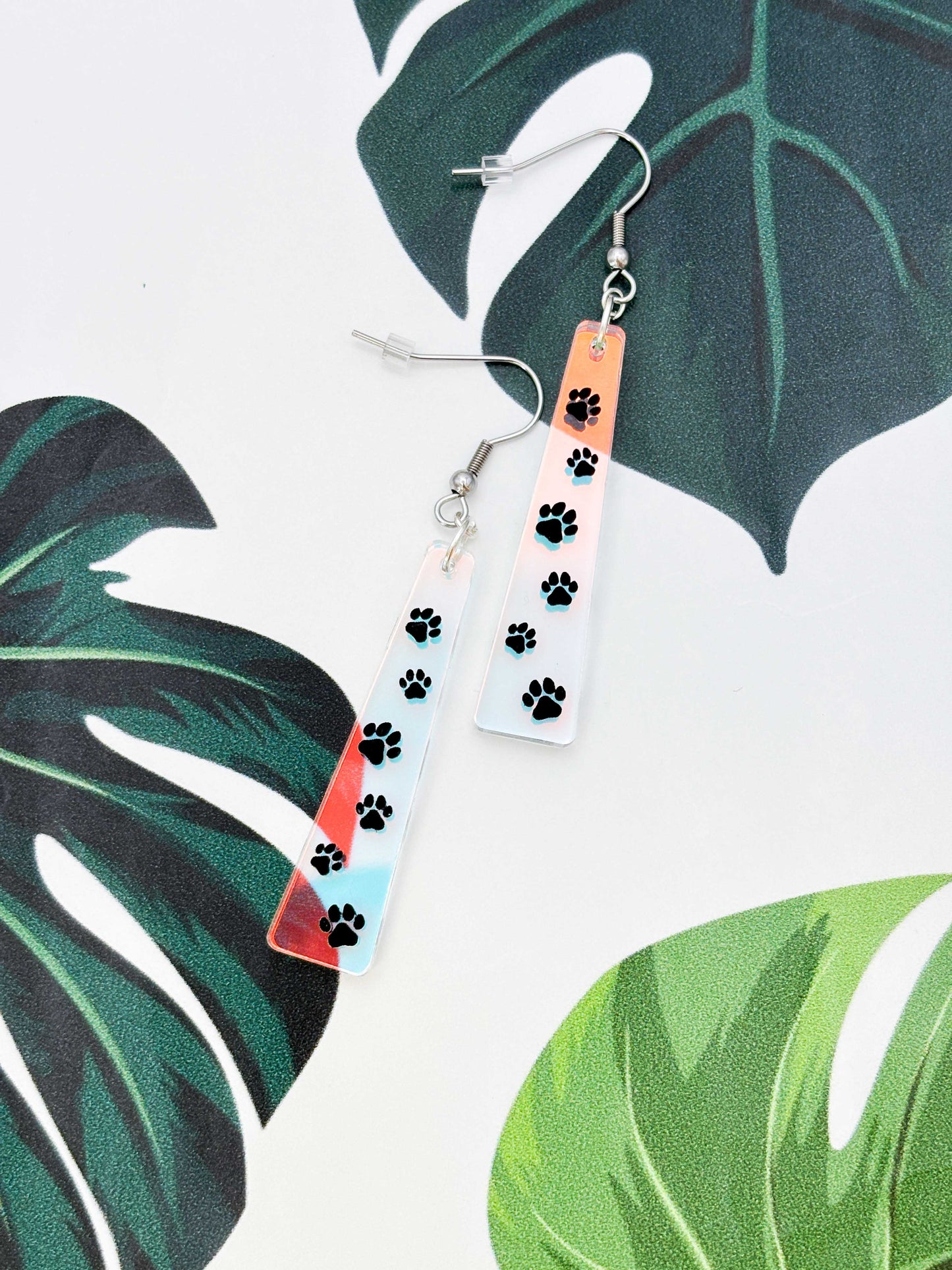 Large Iridescent Paw Print Trail Trapeze Dangle Earrings or Necklace – Hypoallergenic Stainless Steel