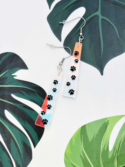 Large Iridescent Paw Print Trail Trapeze Dangle Earrings or Necklace – Hypoallergenic Stainless Steel