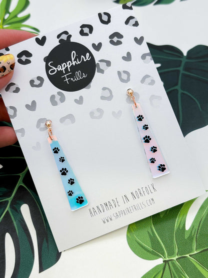 Large Iridescent Paw Print Trail Trapeze Dangle Earrings or Necklace – Hypoallergenic Stainless Steel