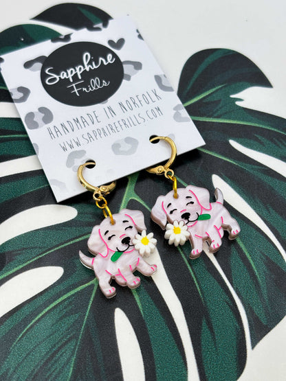 Medium Pink Dog With a Flower Dangle Earrings or Necklace – Hypoallergenic Stainless Steel