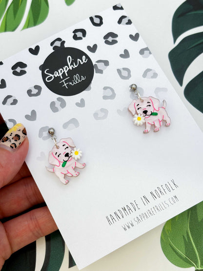 Medium Pink Dog With a Flower Dangle Earrings or Necklace – Hypoallergenic Stainless Steel