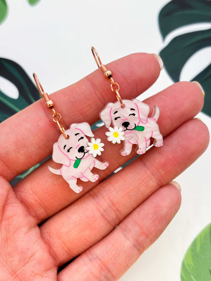 Medium Pink Dog With a Flower Dangle Earrings or Necklace – Hypoallergenic Stainless Steel