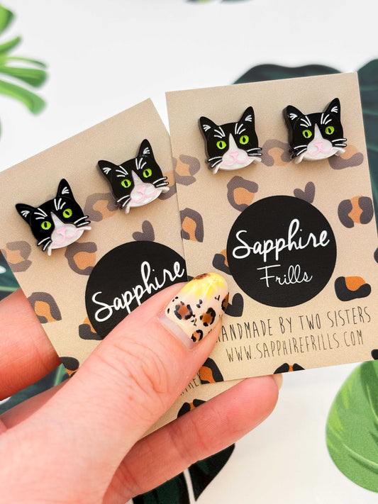 Small Tuxedo Cat Stud Earrings – Hypoallergenic Stainless Steel