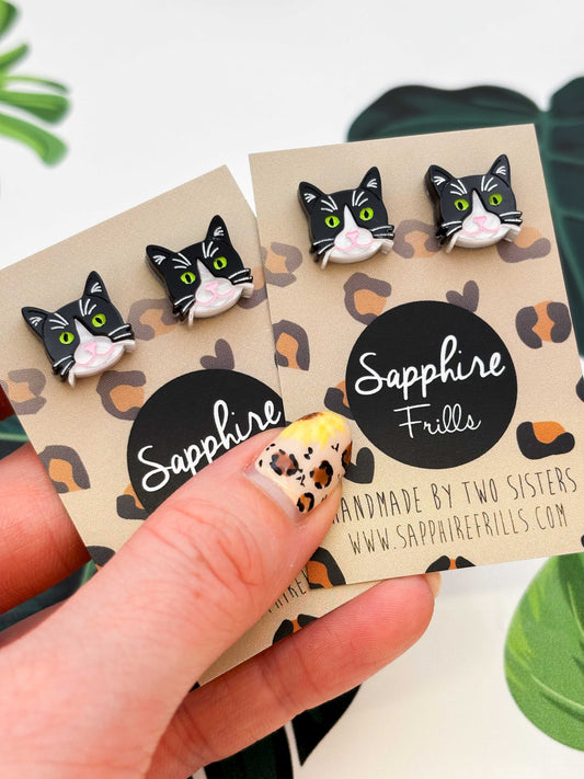 Small Tuxedo Cat Stud Earrings – Hypoallergenic Stainless Steel