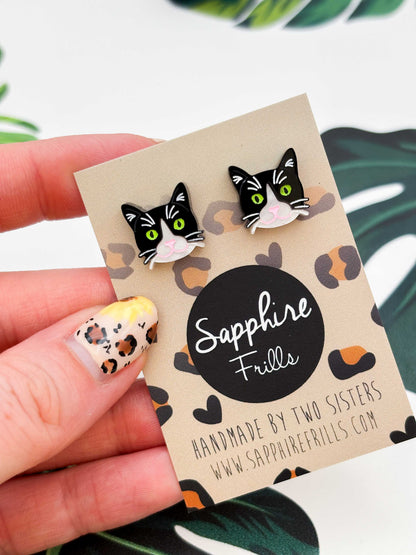 Small Tuxedo Cat Stud Earrings – Hypoallergenic Stainless Steel