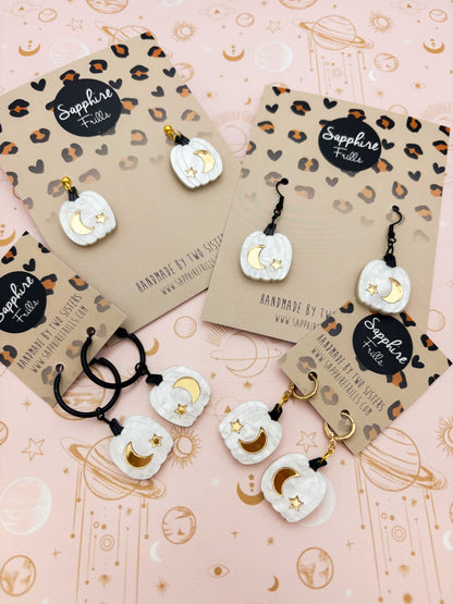 Large White & Gold Star & Moon Pumpkin Dangle Earrings or Necklace – Hypoallergenic Stainless Steel