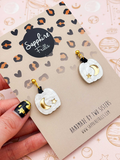 Large White & Gold Star & Moon Pumpkin Dangle Earrings or Necklace – Hypoallergenic Stainless Steel