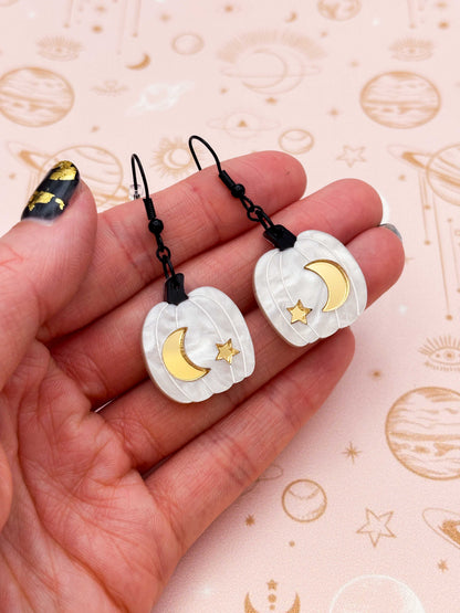 Large White & Gold Star & Moon Pumpkin Dangle Earrings or Necklace – Hypoallergenic Stainless Steel