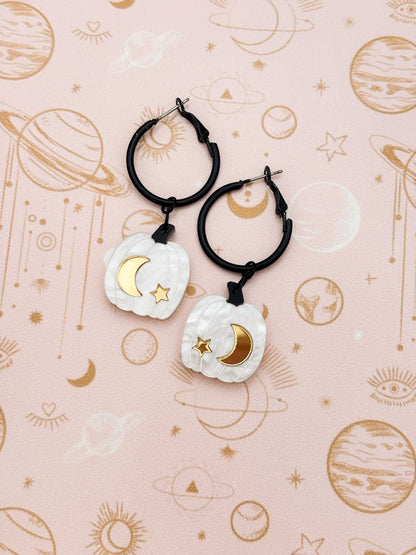Large White & Gold Star & Moon Pumpkin Dangle Earrings or Necklace – Hypoallergenic Stainless Steel