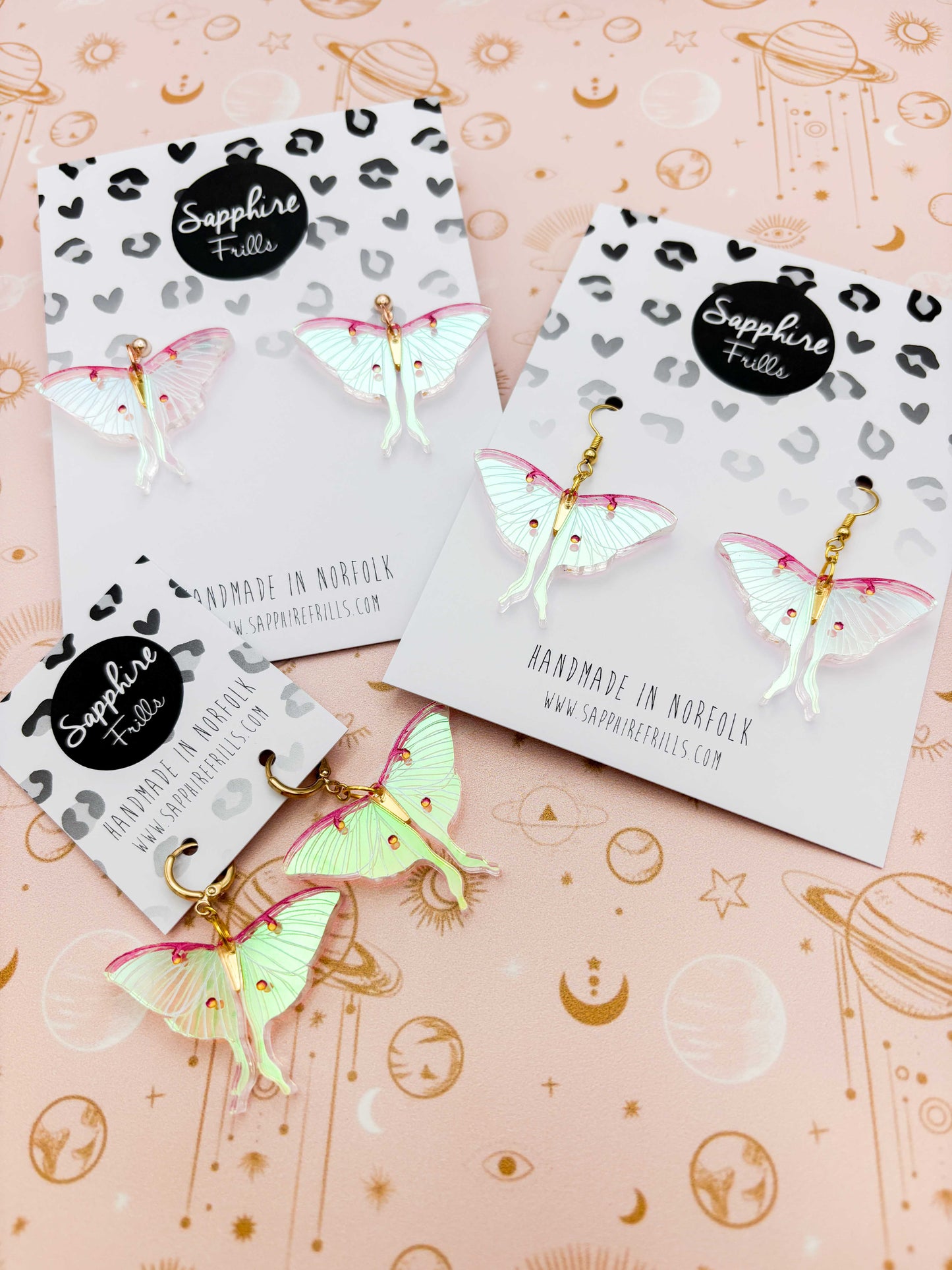 Large Iridescent Pink and Green Lunar Moth Dangle Earrings or Necklace – Hypoallergenic Stainless Steel