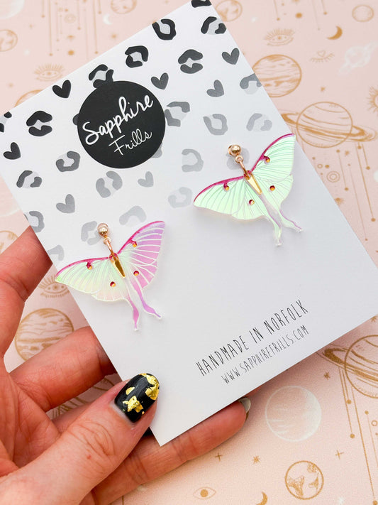 Large Iridescent Pink and Green Lunar Moth Dangle Earrings or Necklace – Hypoallergenic Stainless Steel