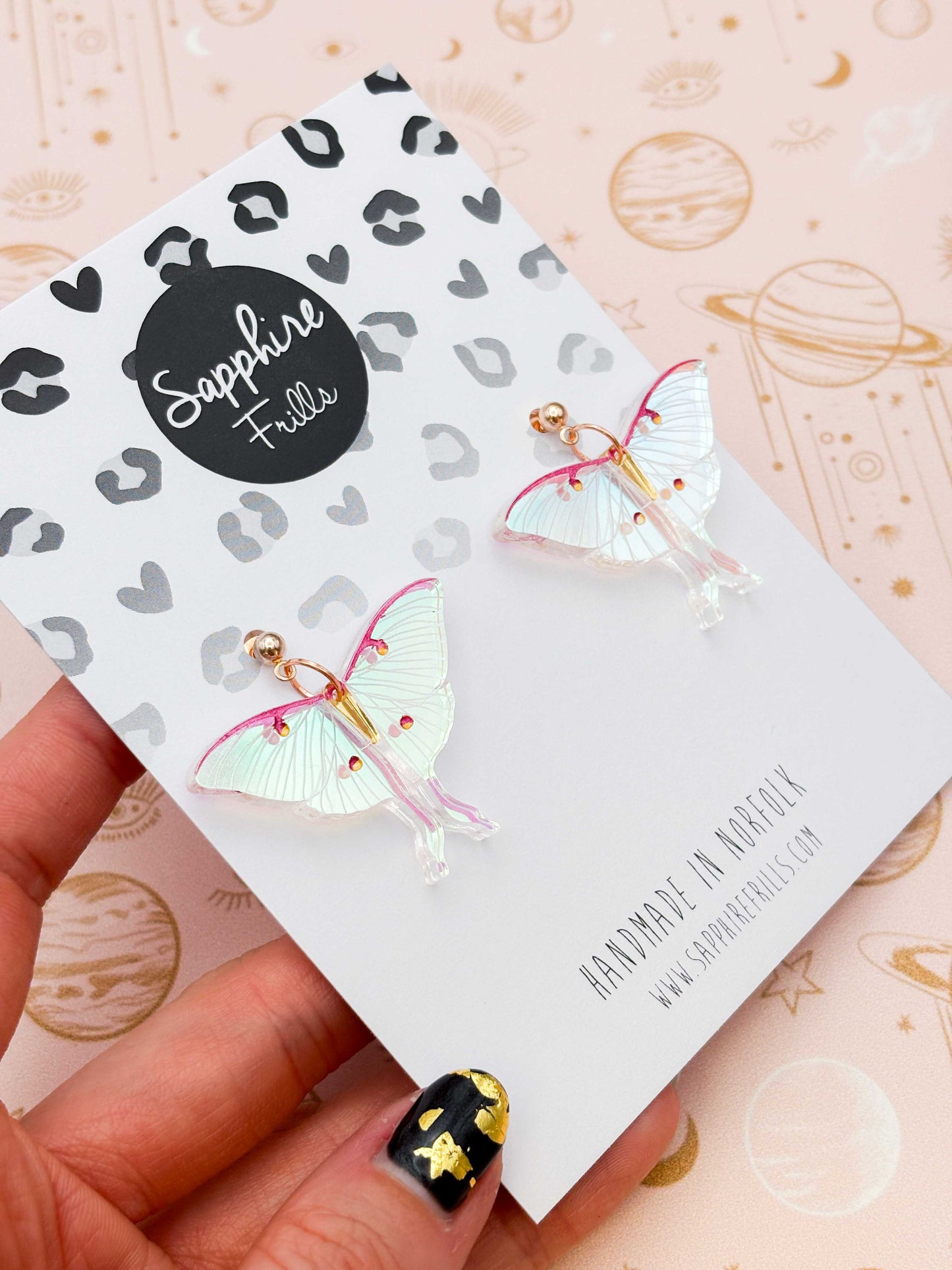 Large Iridescent Pink and Green Lunar Moth Dangle Earrings or Necklace – Hypoallergenic Stainless Steel