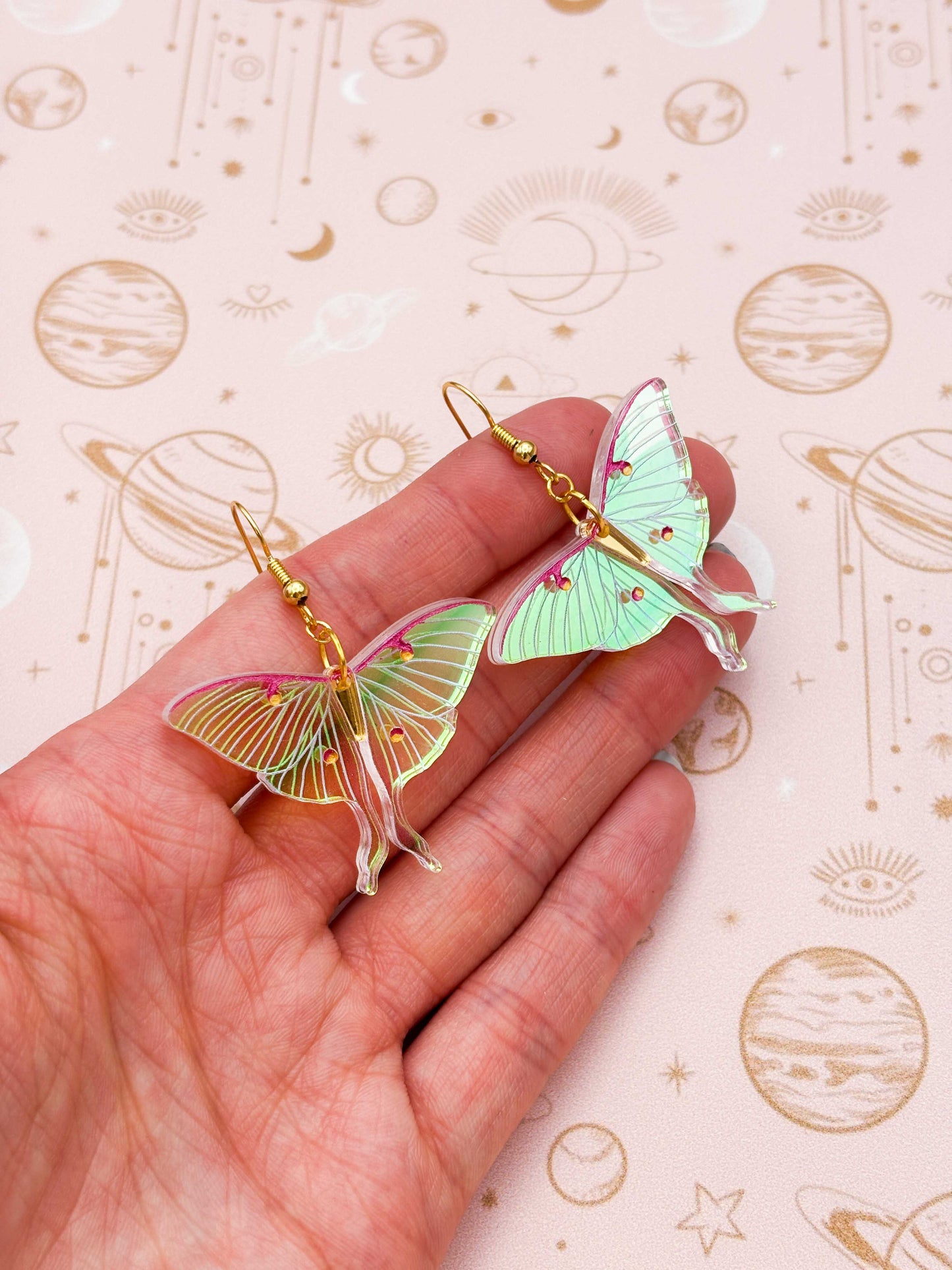 Large Iridescent Pink and Green Lunar Moth Dangle Earrings or Necklace – Hypoallergenic Stainless Steel
