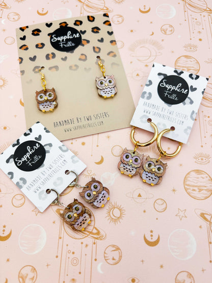 Medium Light Brown Glitter Marble Acrylic Great Horned Owl Dangle Earrings or Necklace – Hypoallergenic Stainless Steel