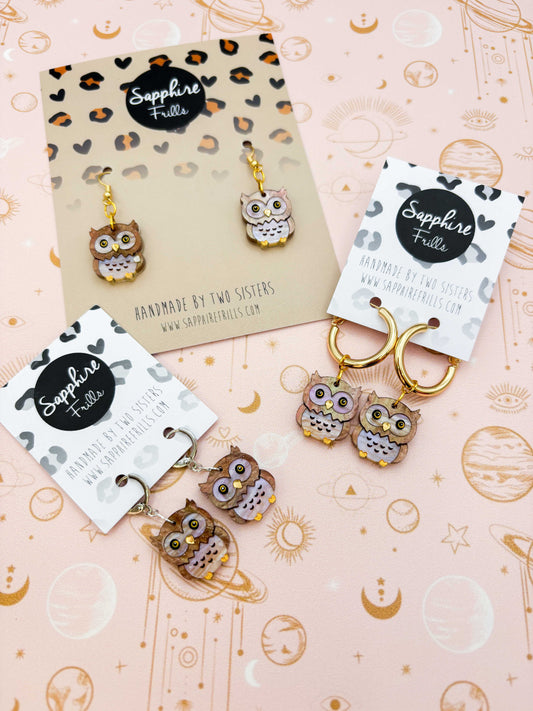 Medium Light Brown Glitter Marble Acrylic Great Horned Owl Dangle Earrings or Necklace – Hypoallergenic Stainless Steel