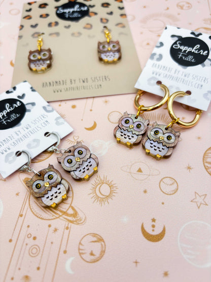 Medium Light Brown Glitter Marble Acrylic Great Horned Owl Dangle Earrings or Necklace – Hypoallergenic Stainless Steel
